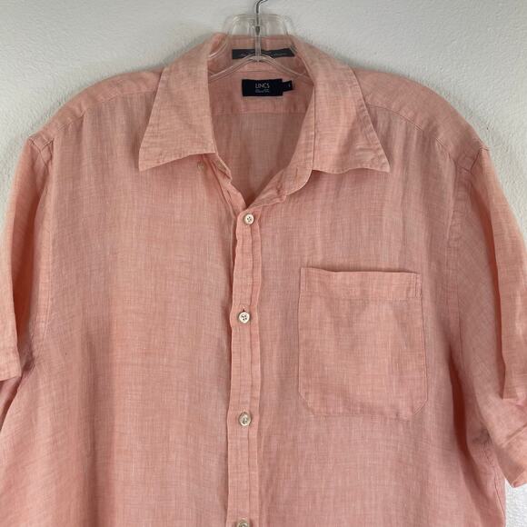 Lincs David Chu 100% Linen Peach Button Up SS shirt Men's Large - Picture 2 of 12